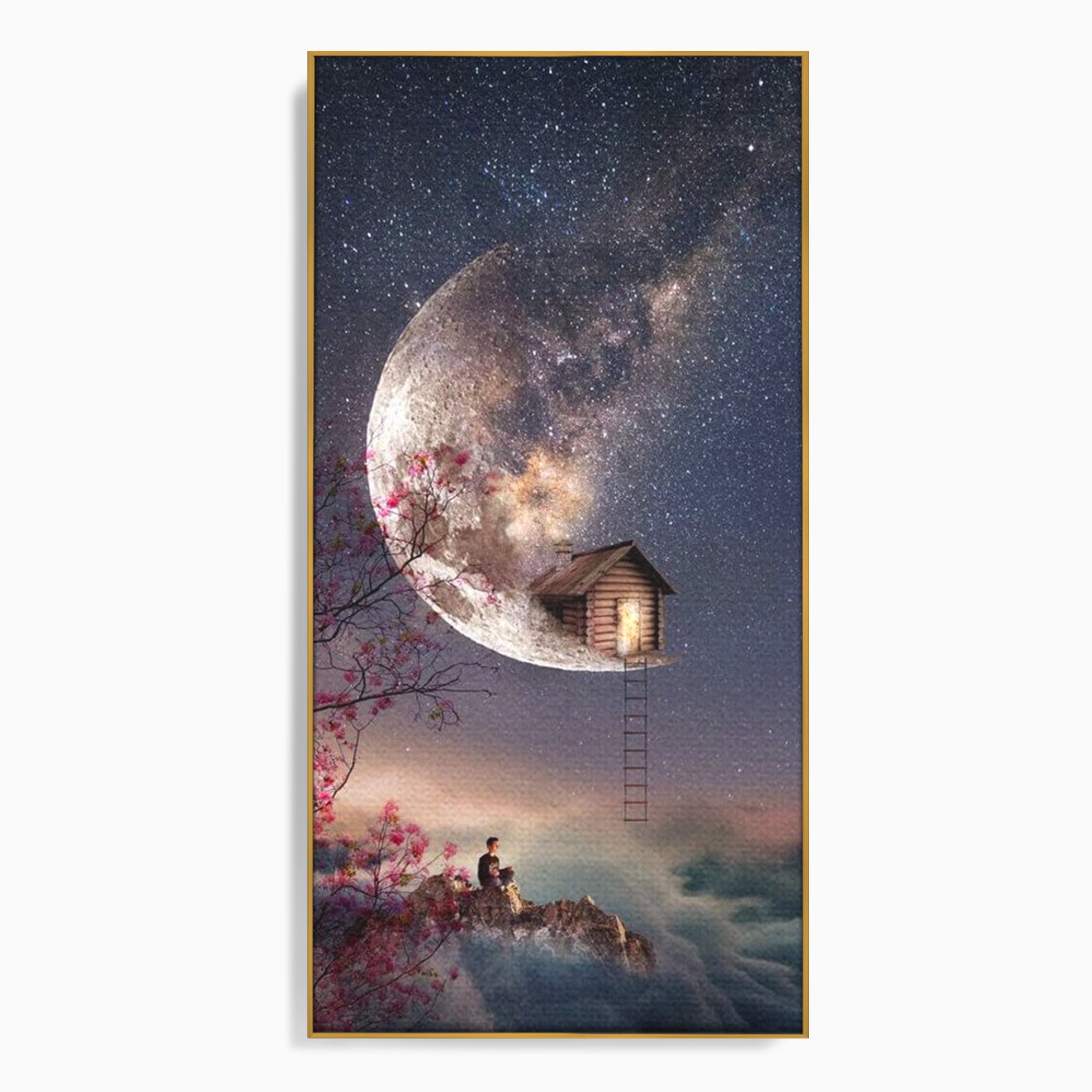 Tablou canvas cu ilustratie digitala cu casa pe luna, in rama de aluminiu auriu